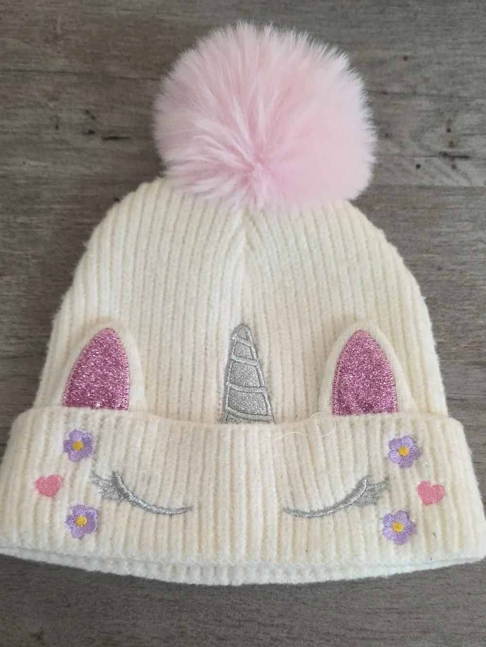 Unicorn Knit Pom Beanie Hat for Kids - Cream with Pink Pom
